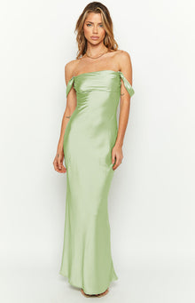 Sage green satin off-shoulder maxi dress with a draped neckline and elegant floor-length skirt