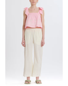 Embroidered Tie Shoulder Top | Pink Combo