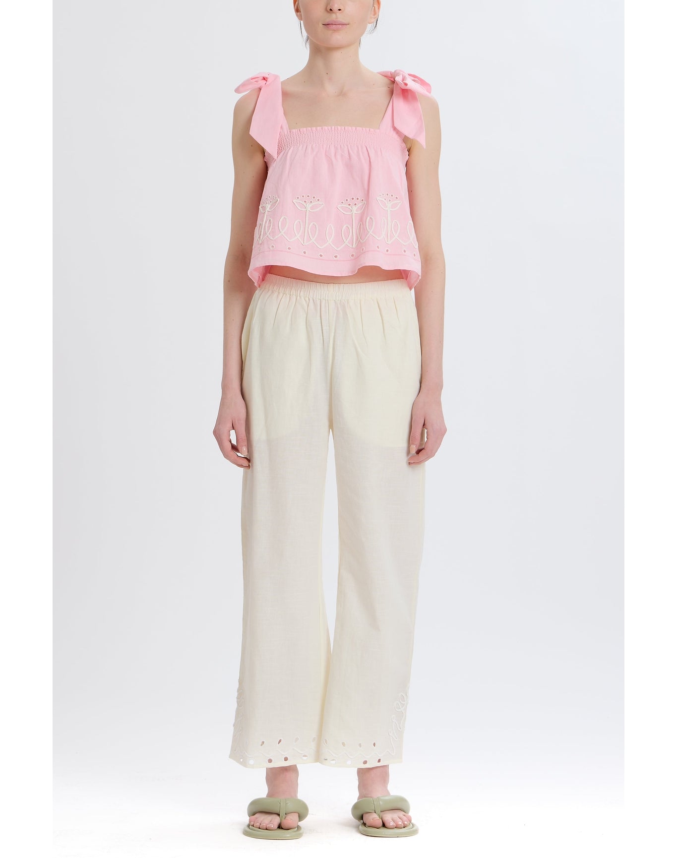 Embroidered Tie Shoulder Top | Pink Combo
