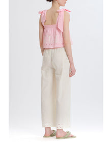 Embroidered Tie Shoulder Top | Pink Combo