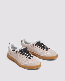 Back angle of light pink and black sneakers