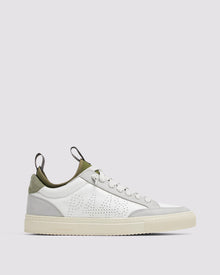 Side angle of white, grey and green sneakers