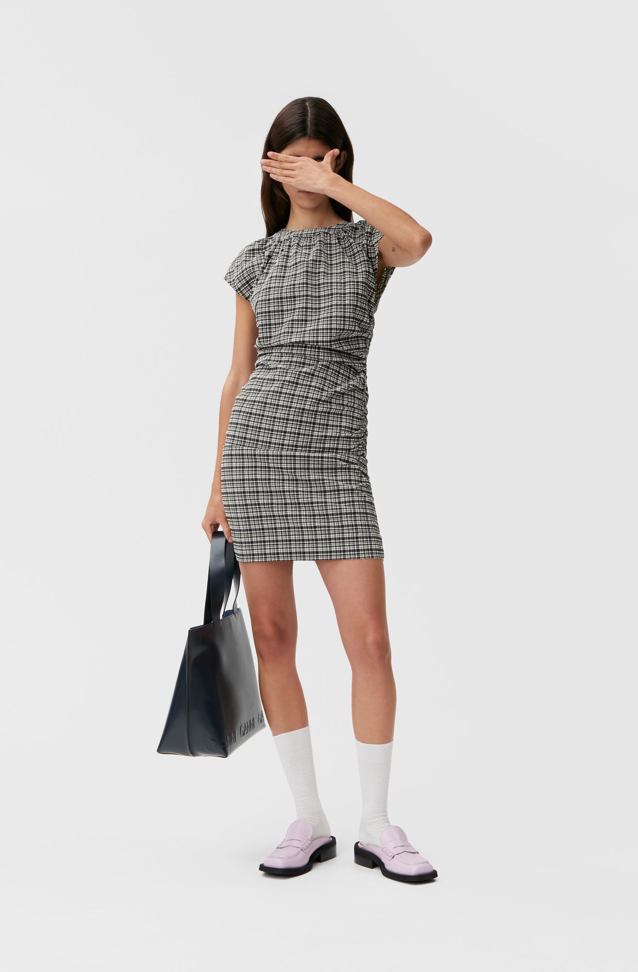 Stretch Seersucker Open Back Mini Dress | Mini Check Black