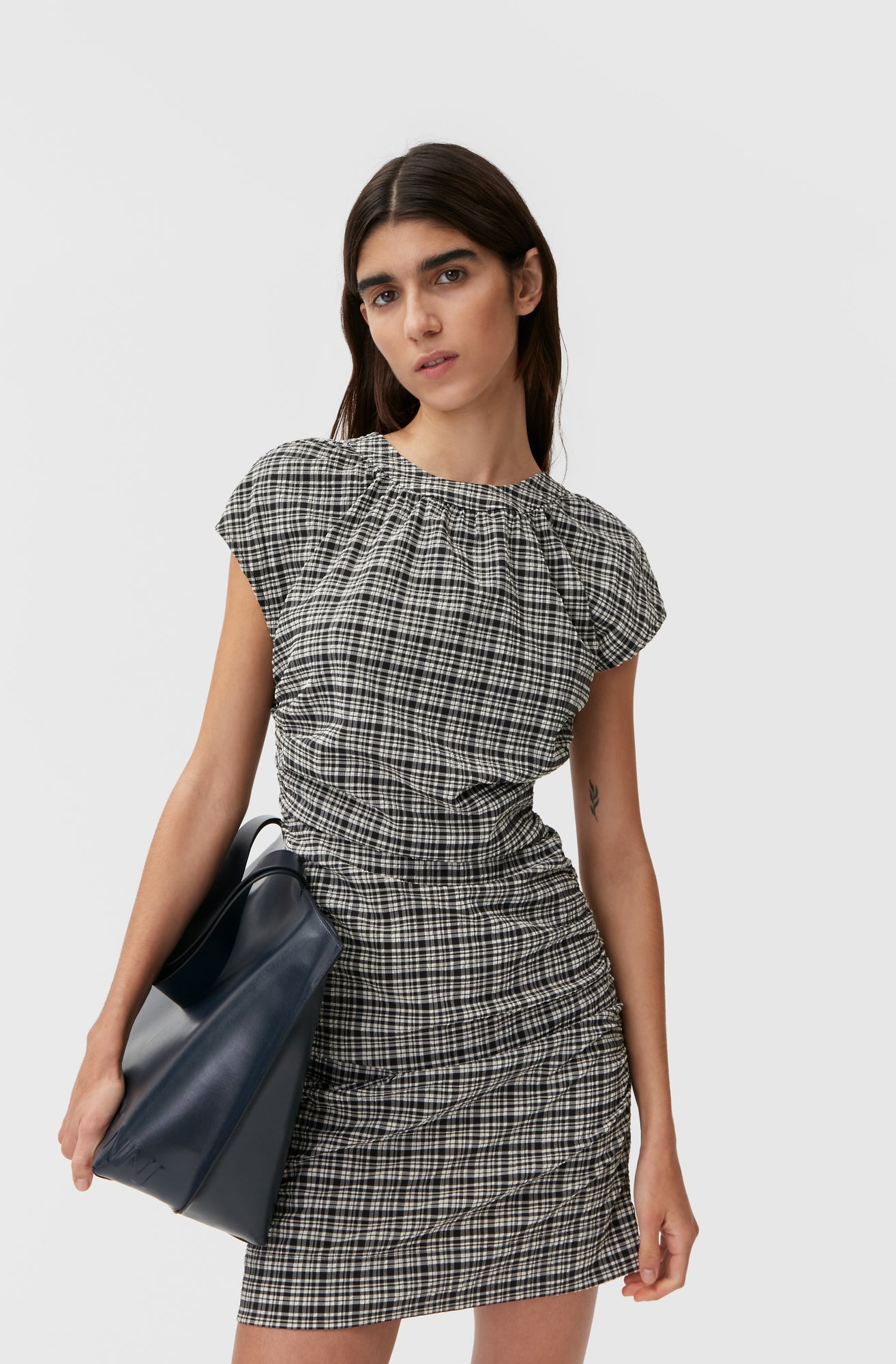 Stretch Seersucker Open Back Mini Dress | Mini Check Black