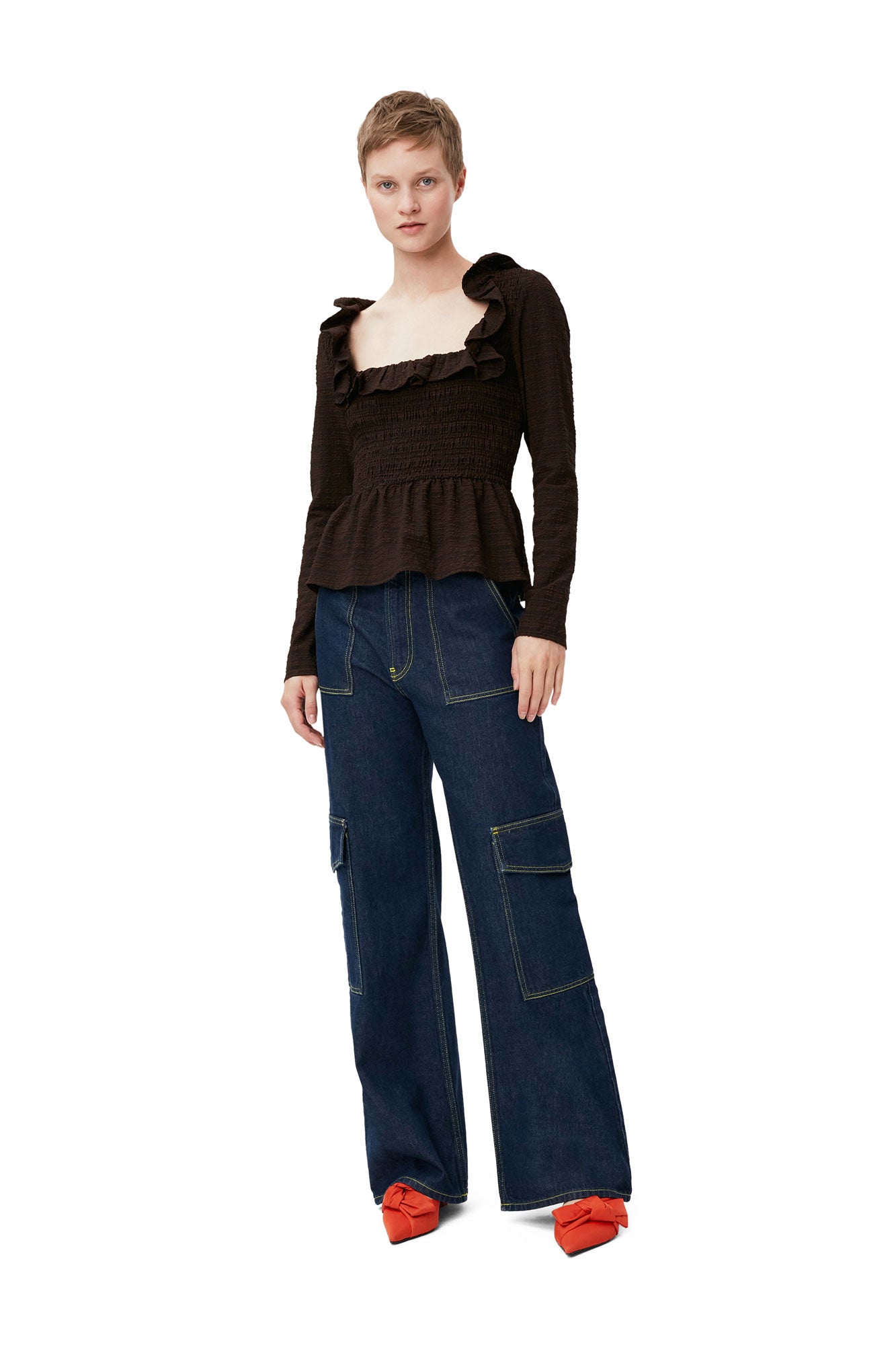 Seersucker Open-neck Smock Blouse | Chicory Coffee