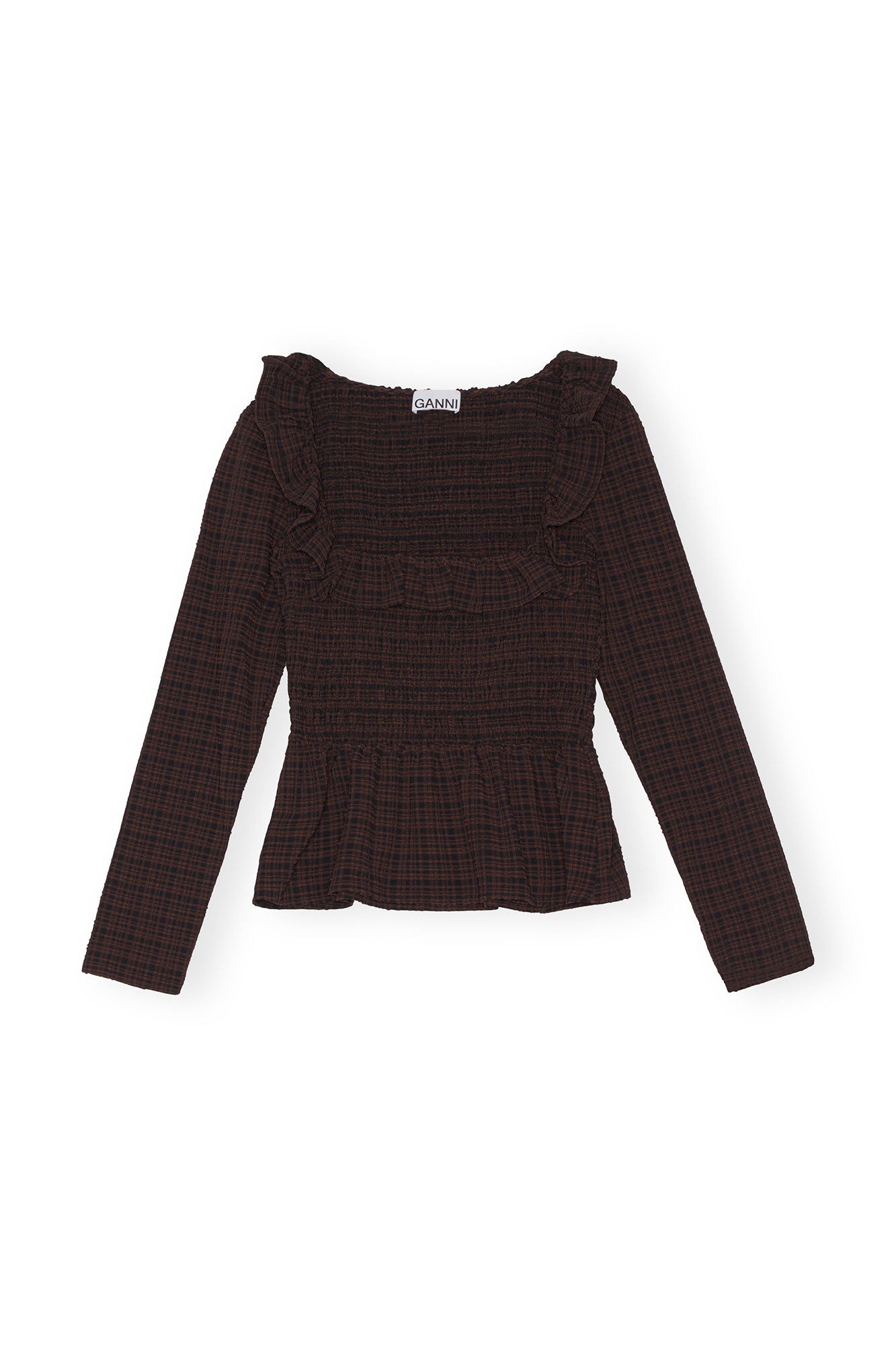 Seersucker Open-neck Smock Blouse | Chicory Coffee