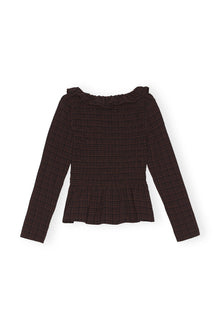 Seersucker Open-neck Smock Blouse | Chicory Coffee