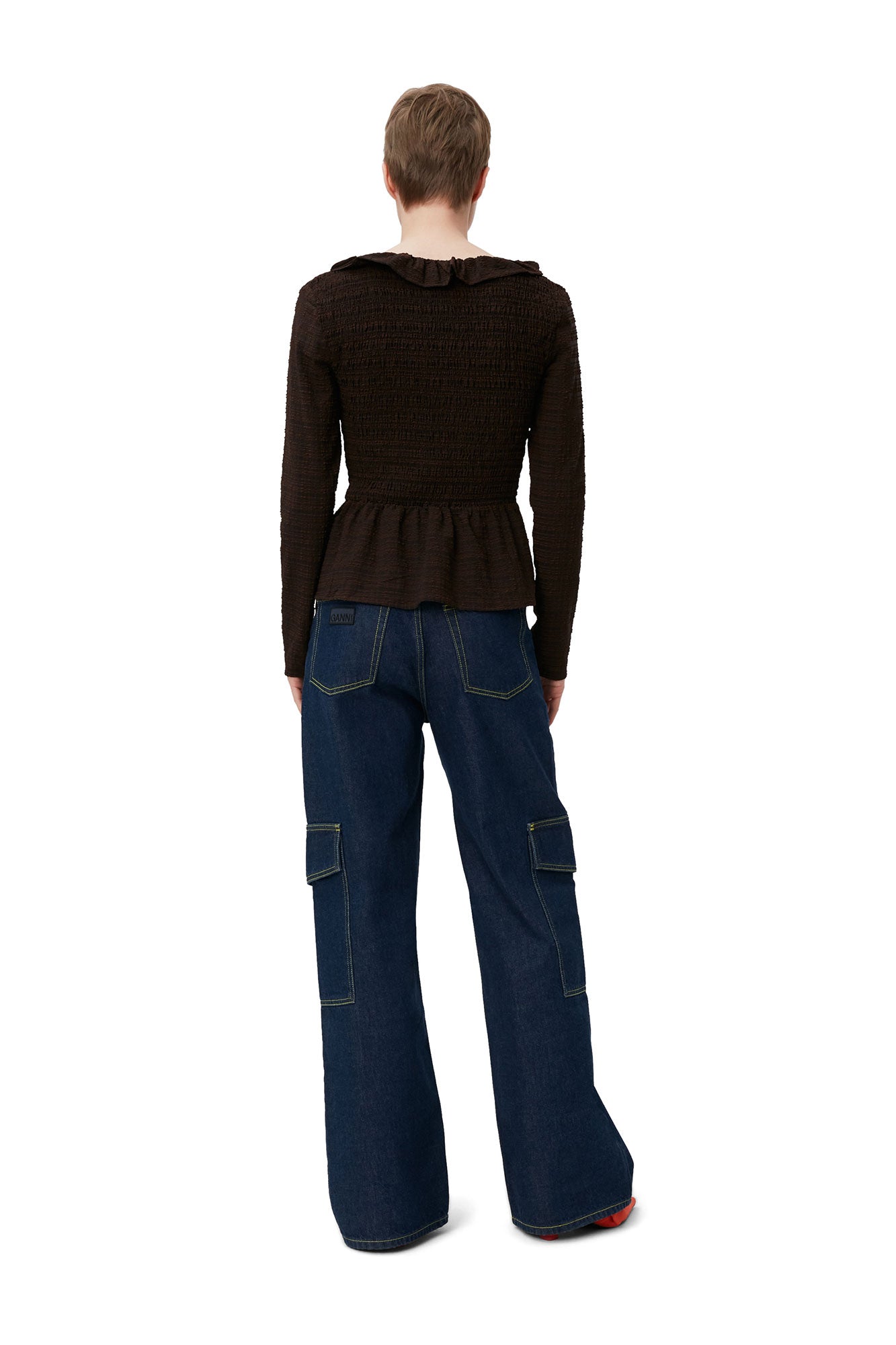 Seersucker Open-neck Smock Blouse | Chicory Coffee