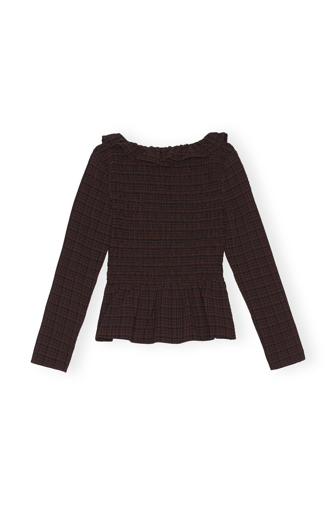 Seersucker Open-neck Smock Blouse | Chicory Coffee