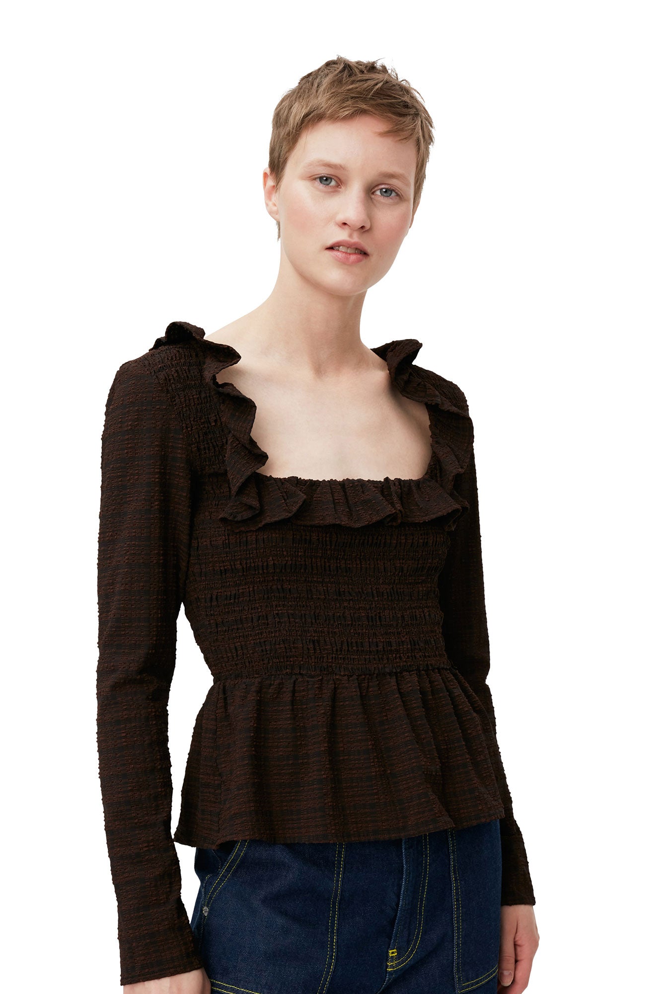 Seersucker Open-neck Smock Blouse | Chicory Coffee