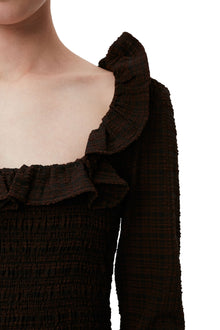 Seersucker Open-neck Smock Blouse | Chicory Coffee