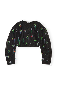 Embellished Mesh Cropped Blouse | Black