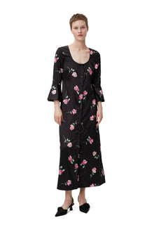 Crinkled Satin U-neck Long Dress | Black