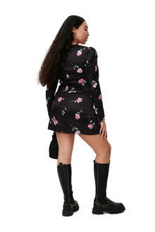 Crinkled Satin V-Neck Mini Dress | Black