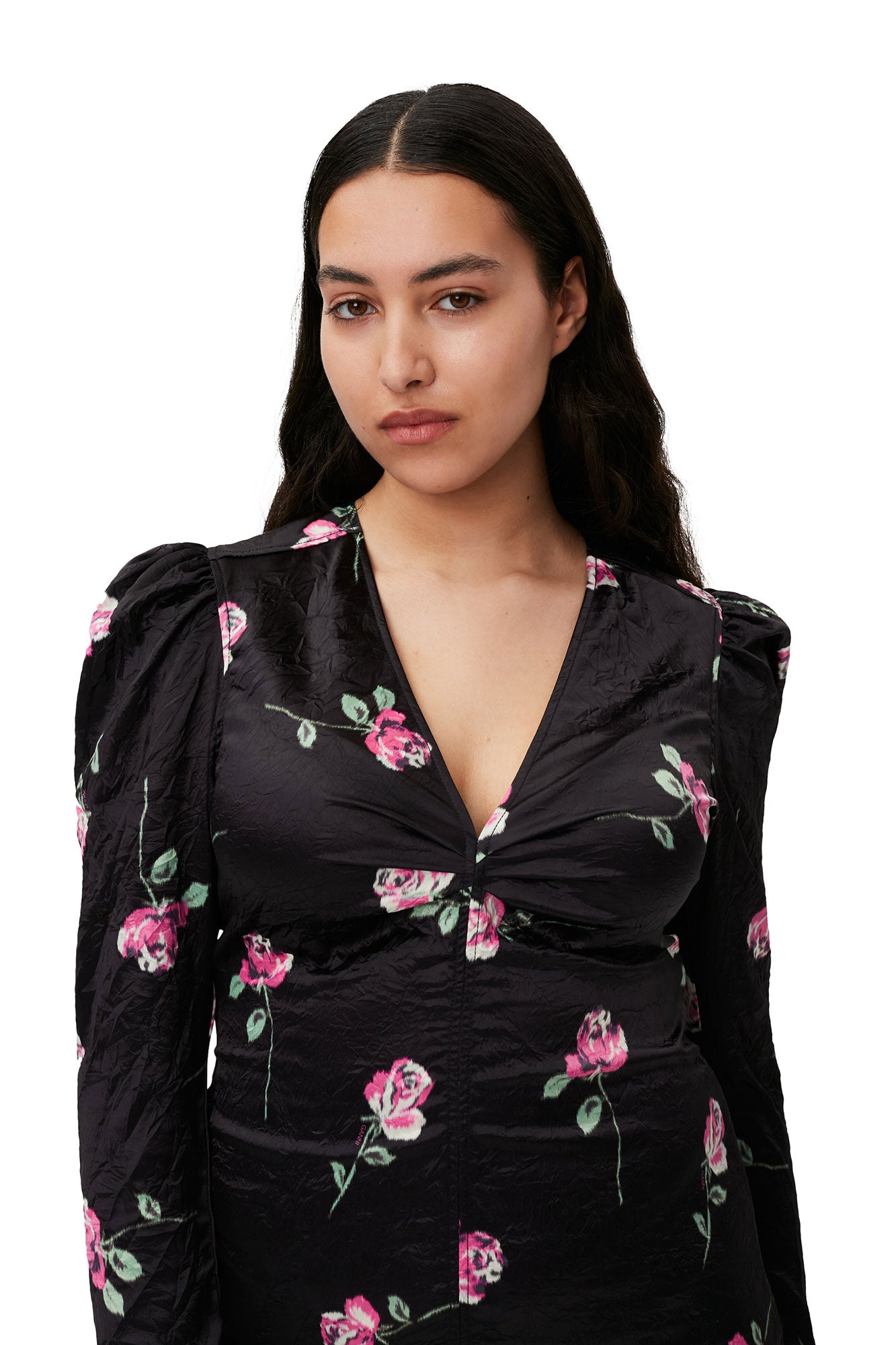 Crinkled Satin V-Neck Mini Dress | Black