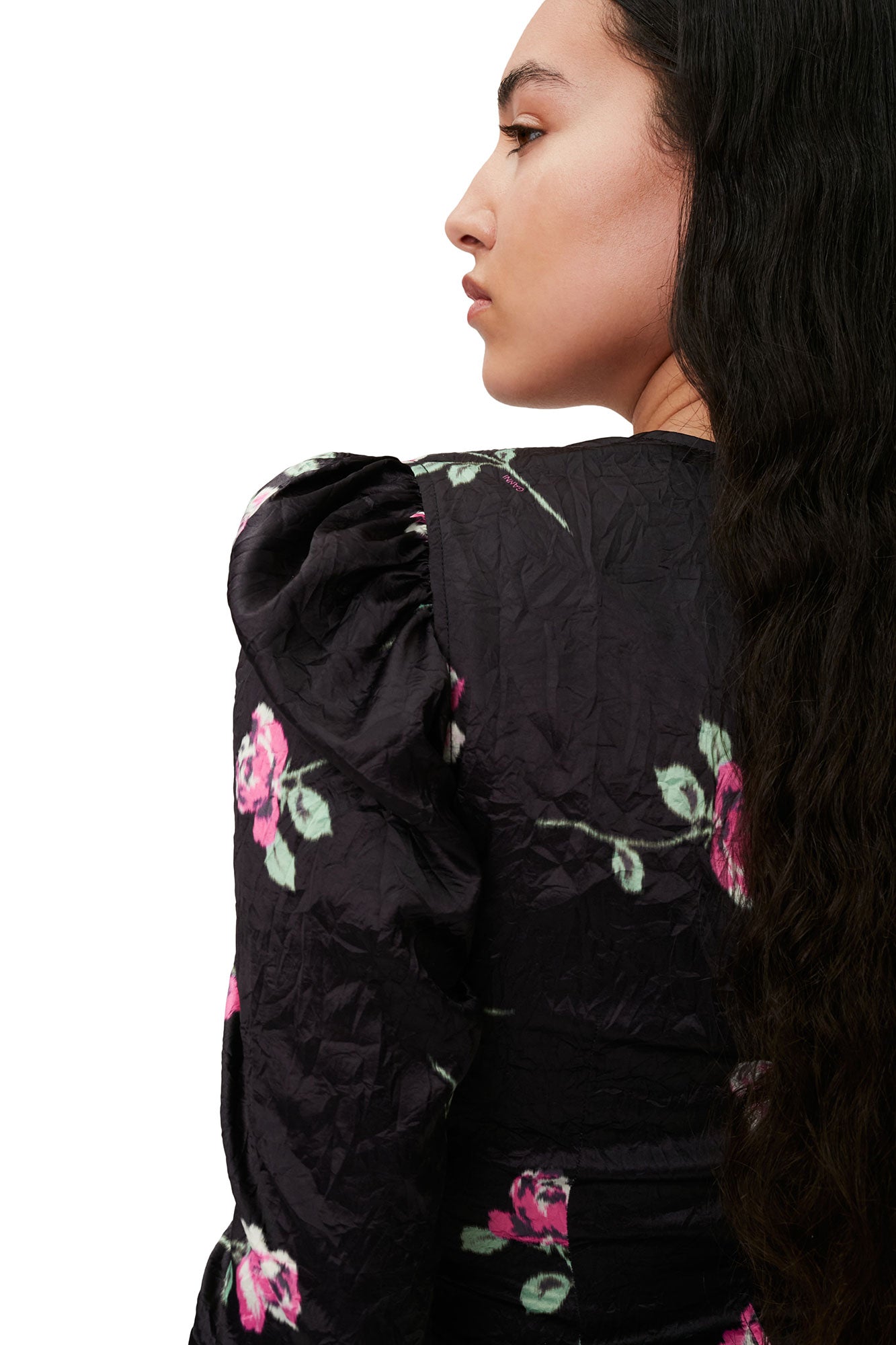 Crinkled Satin V-Neck Mini Dress | Black