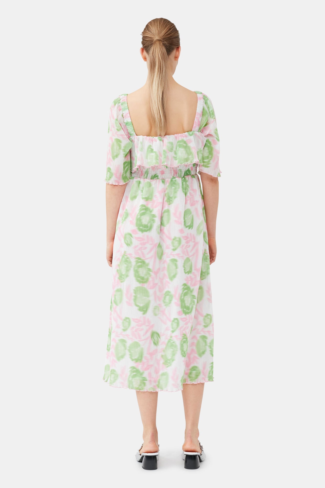 Pleated Georgette Midi Smock Dress | Pink Tulle