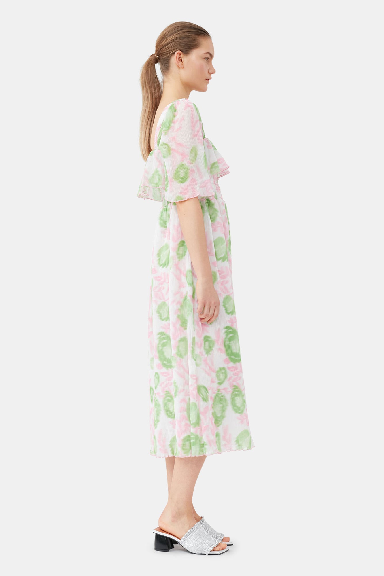 Pleated Georgette Midi Smock Dress | Pink Tulle