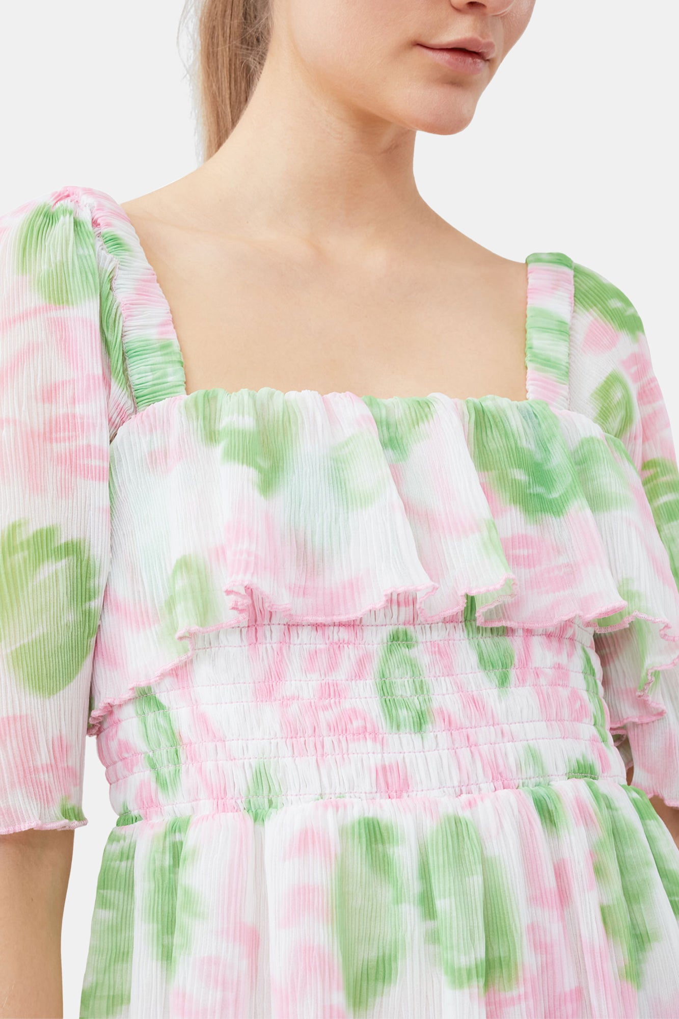 Pleated Georgette Midi Smock Dress | Pink Tulle