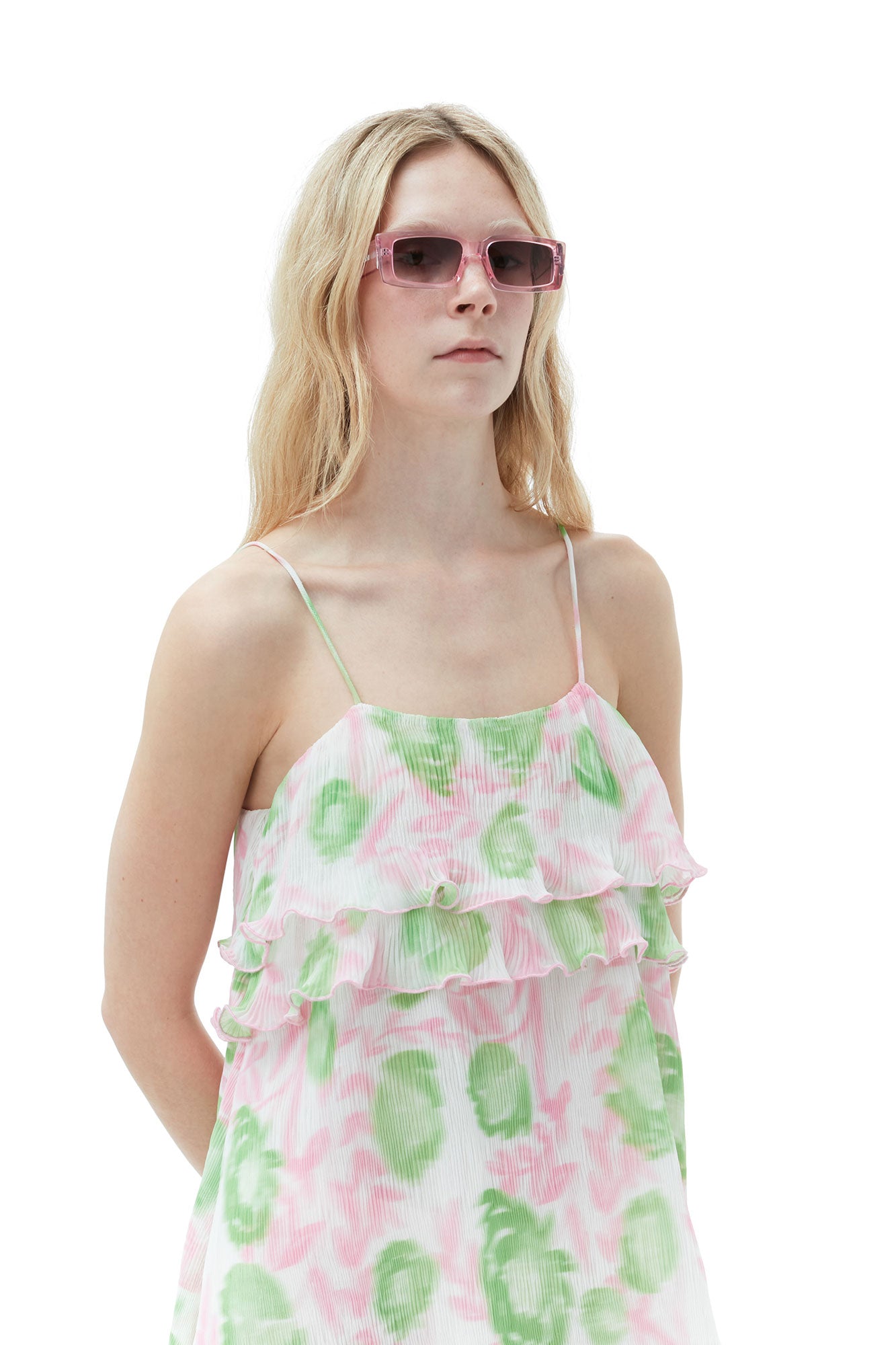 Pleated Georgette Strap Mini Dress | Pink Tulle