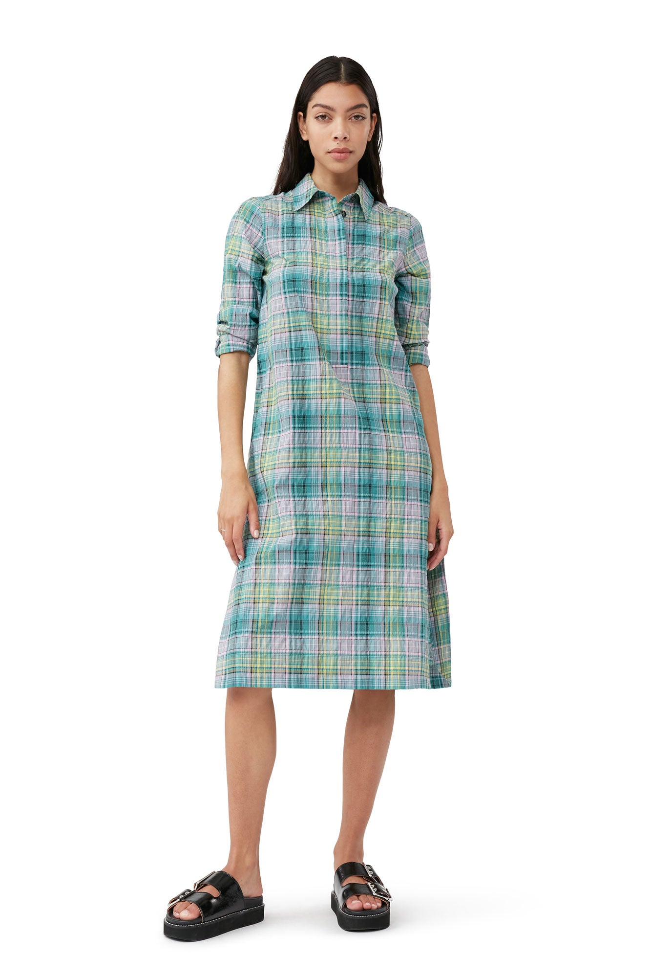 Seersucker Check Shirt Dress | Lagoon