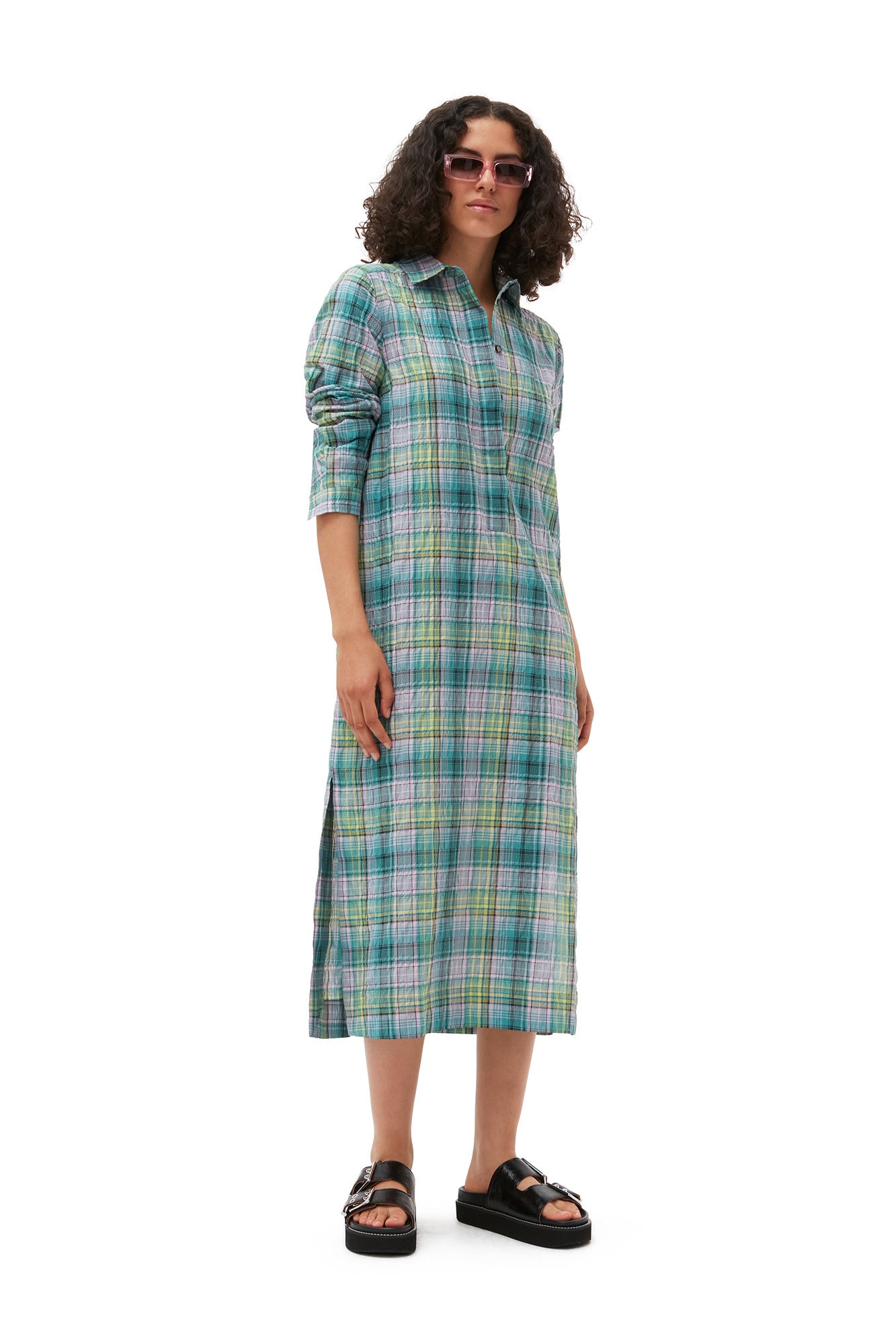 Seersucker Check Shirt Dress | Lagoon