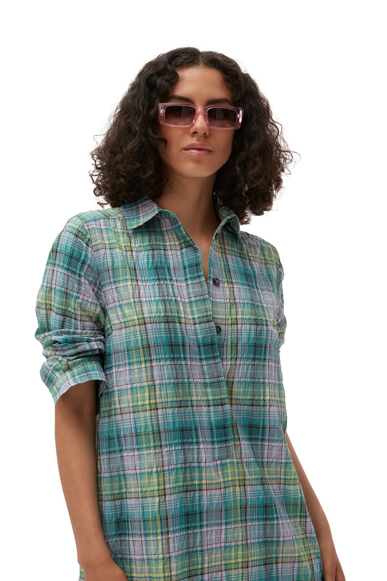 Seersucker Check Shirt Dress | Lagoon