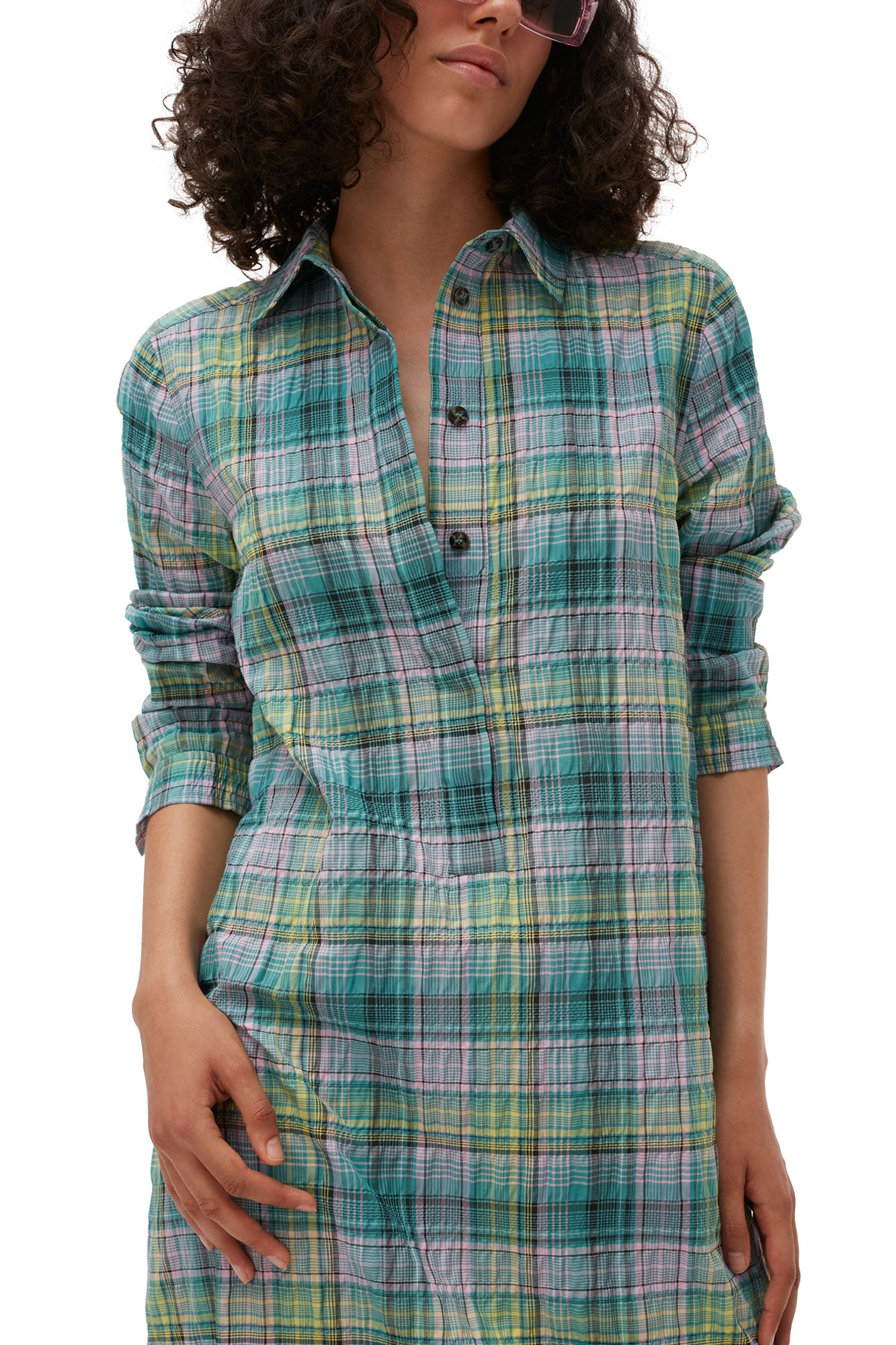 Seersucker Check Shirt Dress | Lagoon