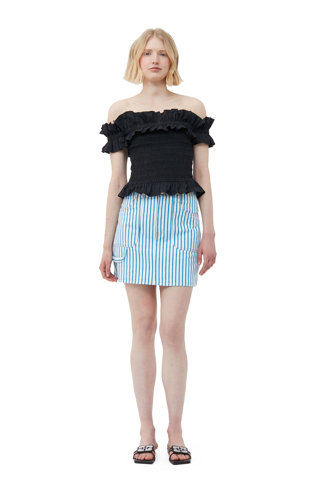 Cotton Poplin Off-shoulder Smock Top | Black