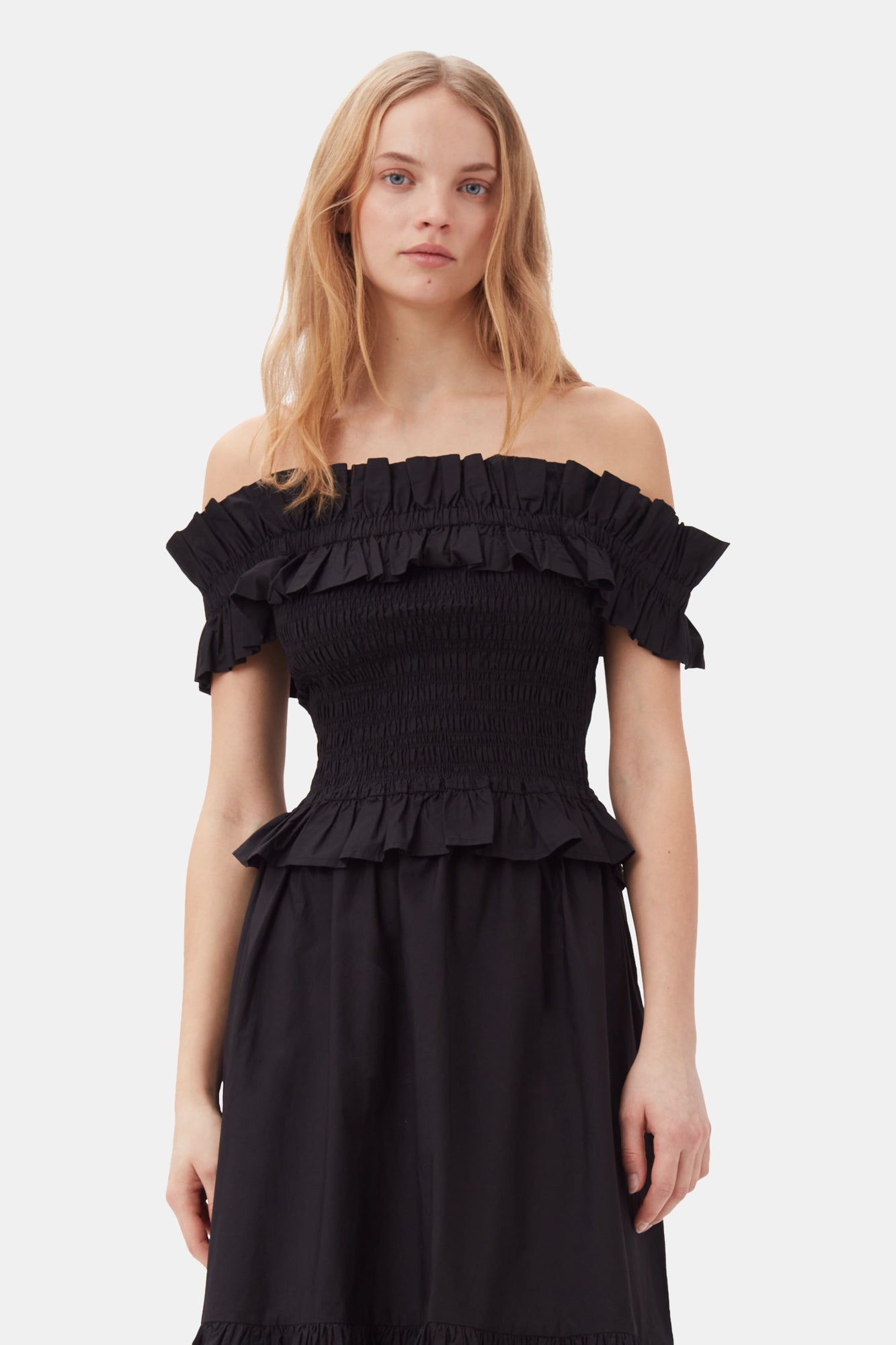 Cotton Poplin Off-shoulder Smock Top | Black