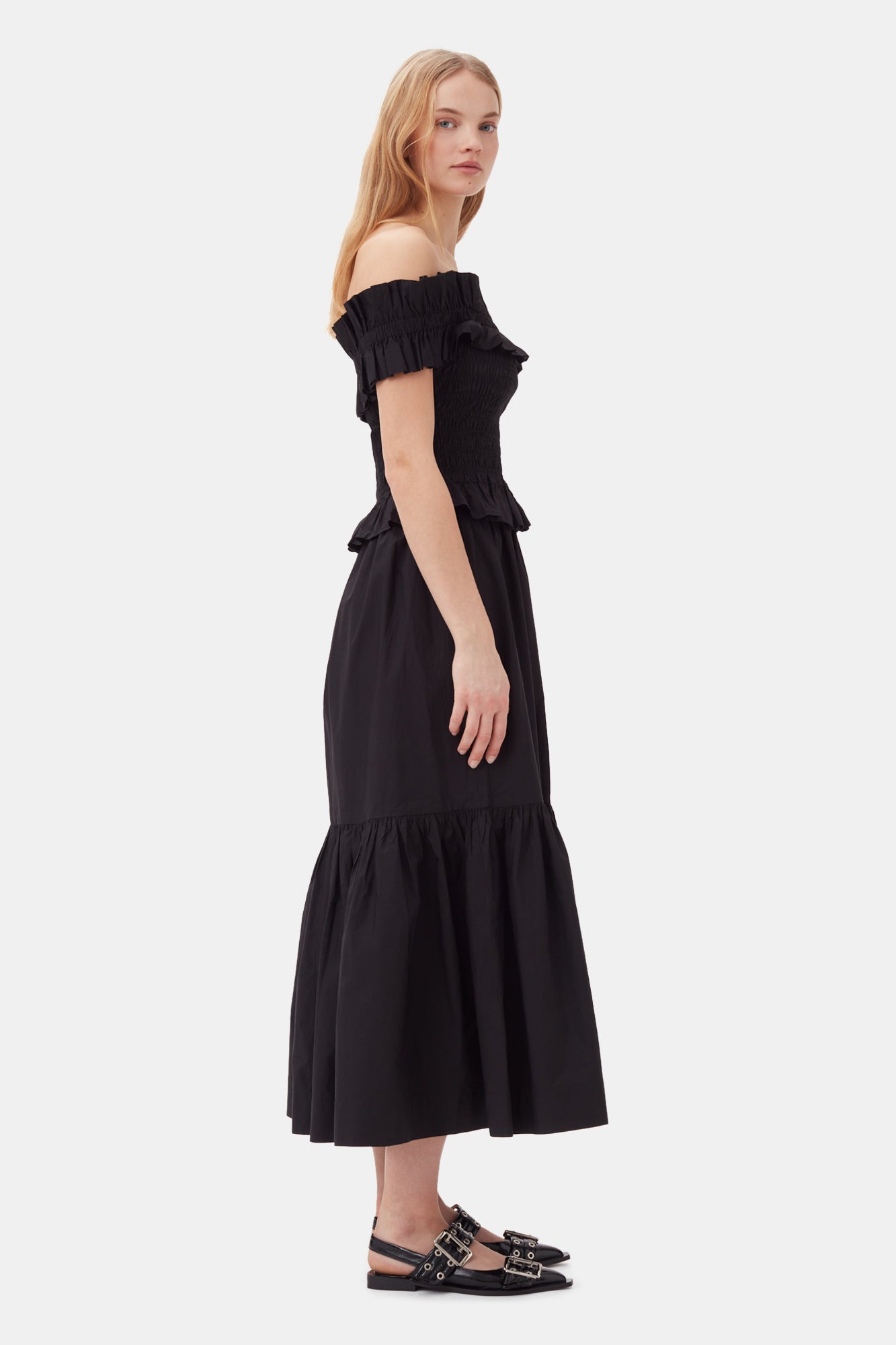 Cotton Poplin Off-shoulder Smock Top | Black