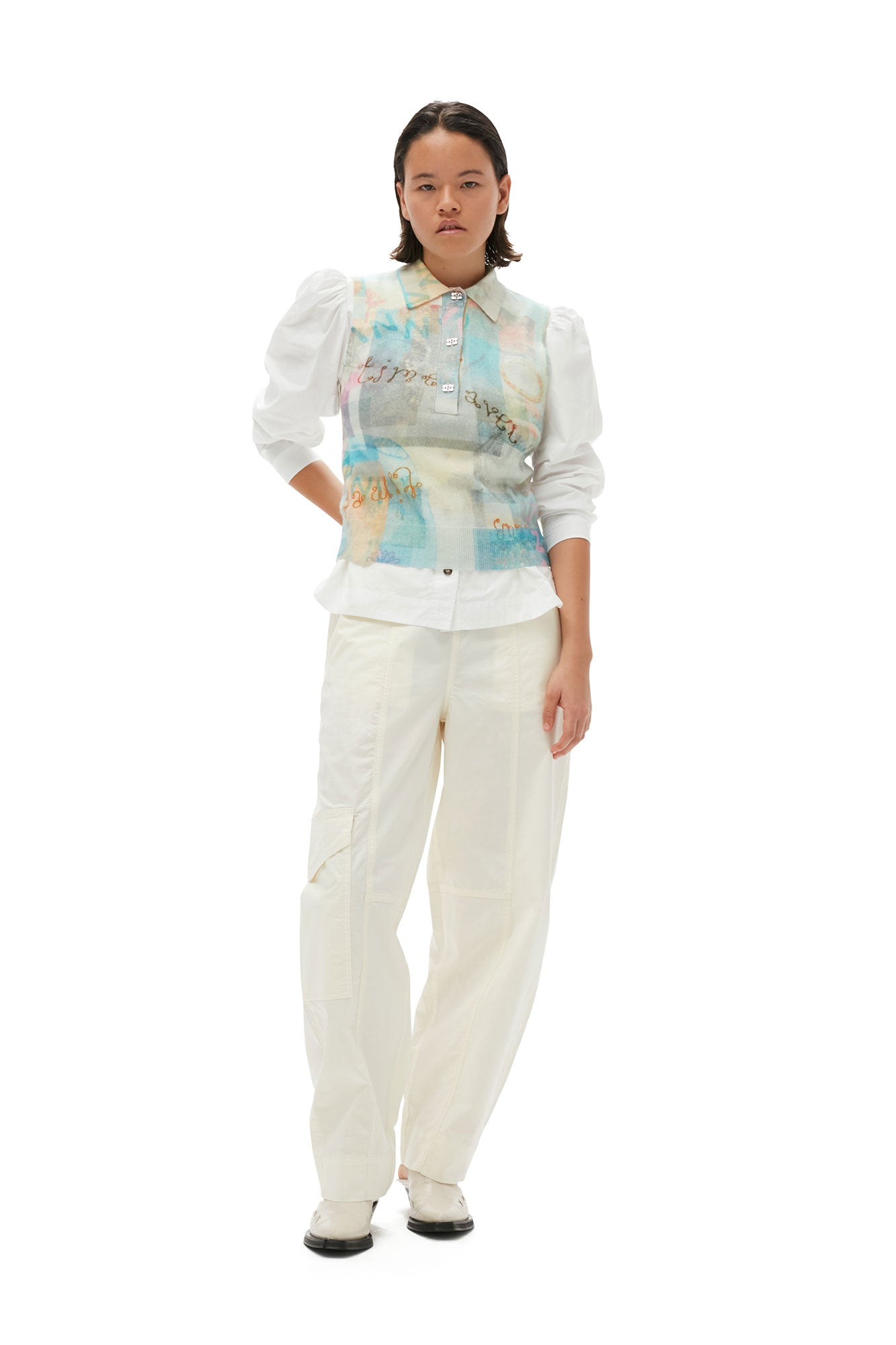 Washed Cotton Canvas Elasticated Curve Pants | Egret
