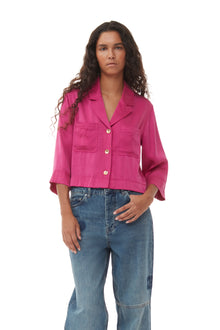 Washed Satin Crop Shirt | Fuchsia Red