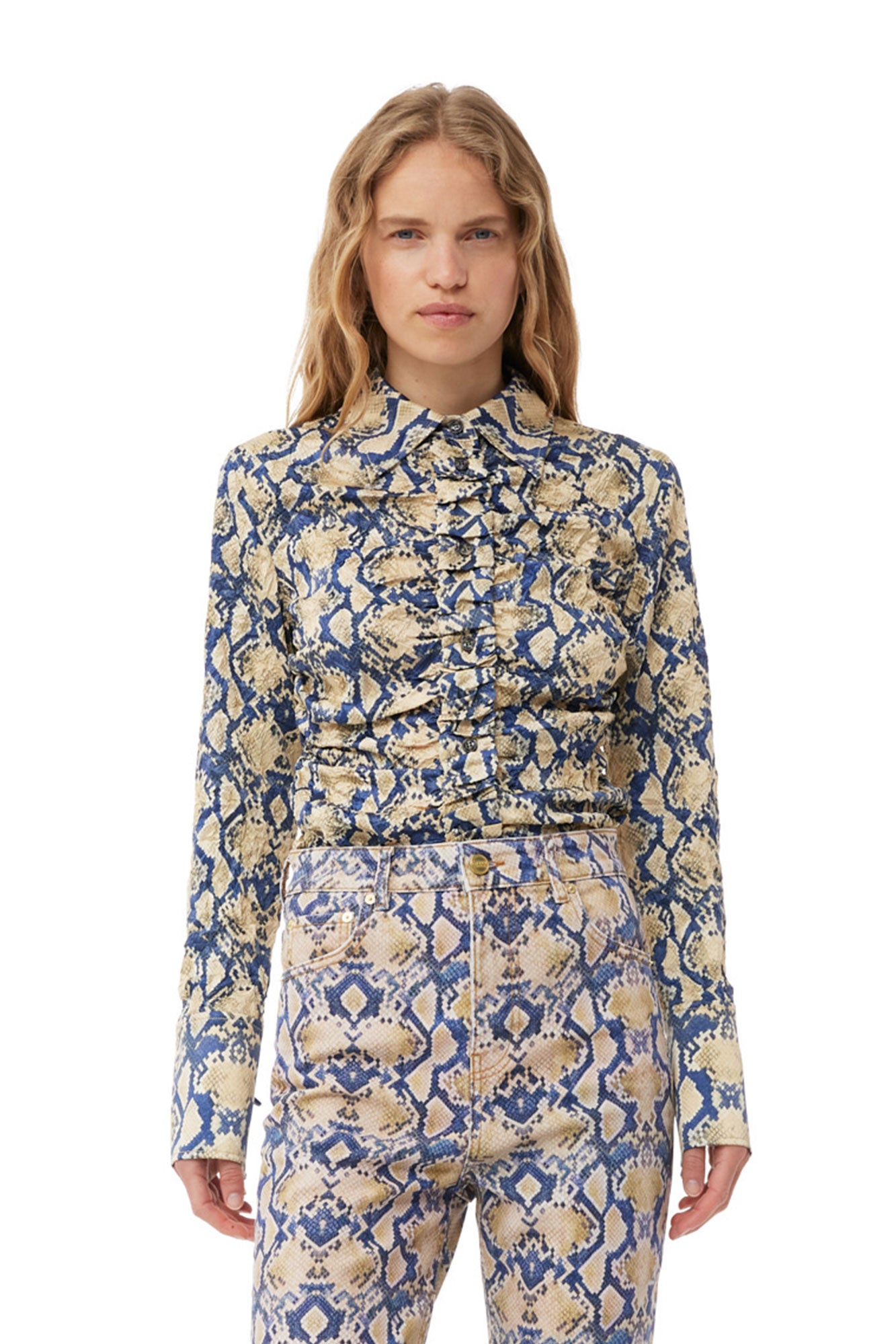 Snake Printed Crinkled Satin Fitted Shirt | Safari