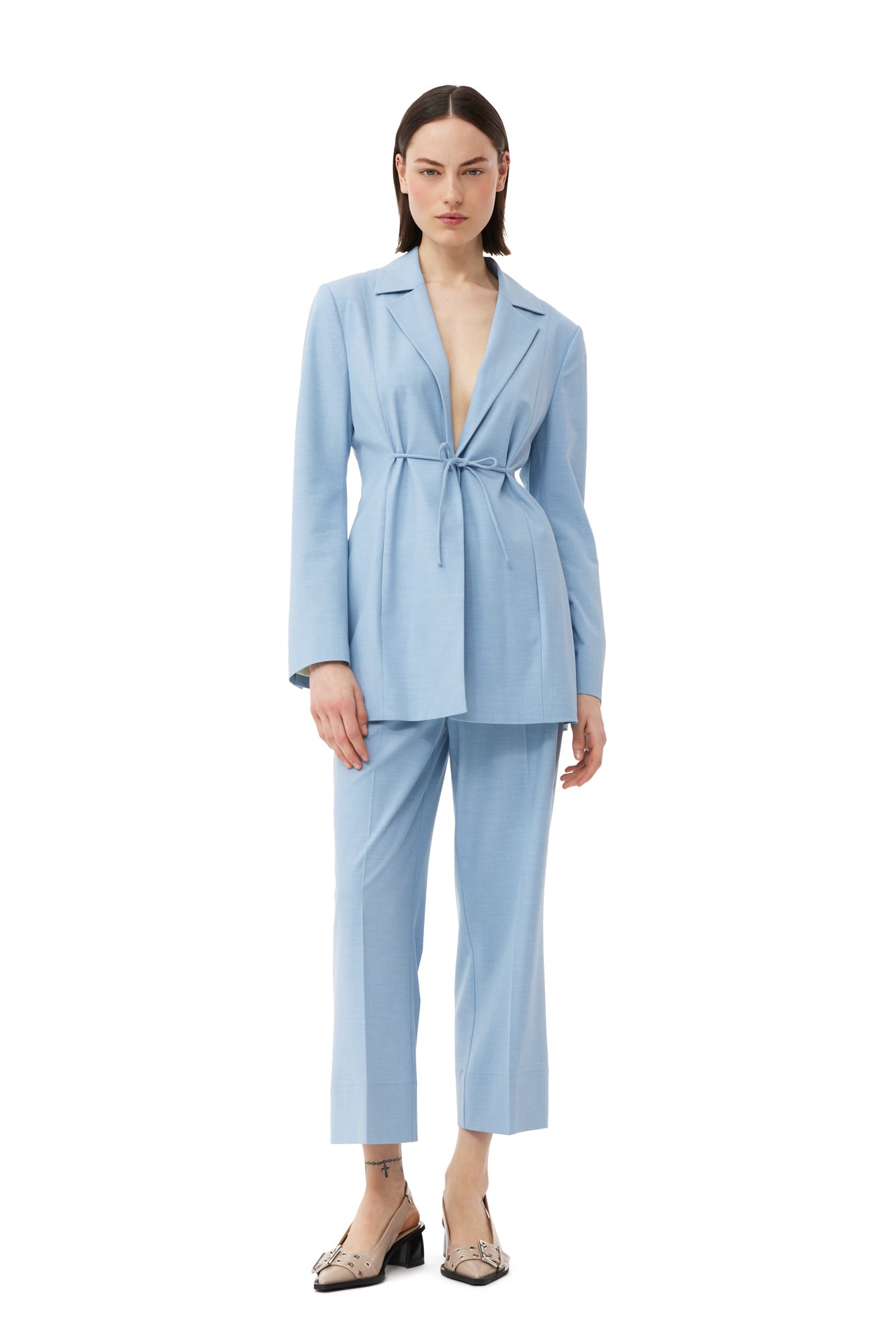 Drapey Melange Tiestring Blazer | Powder Blue