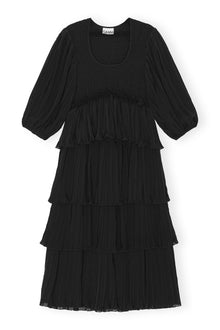 Pleated Georgette Square Neck Flounce Smock Midi Dress | Black