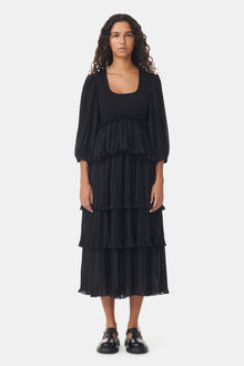 Pleated Georgette Square Neck Flounce Smock Midi Dress | Black