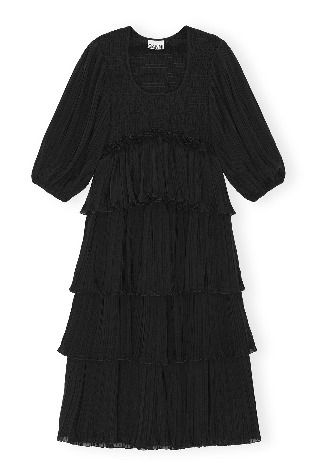 Pleated Georgette Square Neck Flounce Smock Midi Dress | Black