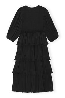 Pleated Georgette Square Neck Flounce Smock Midi Dress | Black