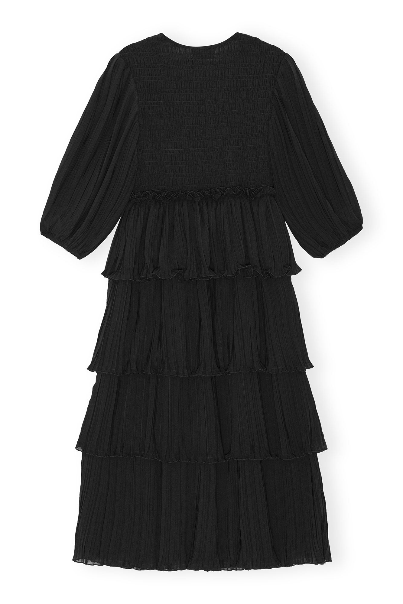 Pleated Georgette Square Neck Flounce Smock Midi Dress | Black