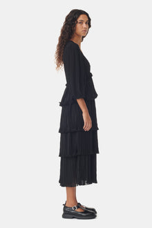 Pleated Georgette Square Neck Flounce Smock Midi Dress | Black