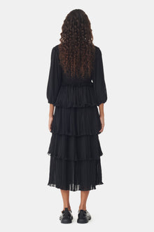 Pleated Georgette Square Neck Flounce Smock Midi Dress | Black