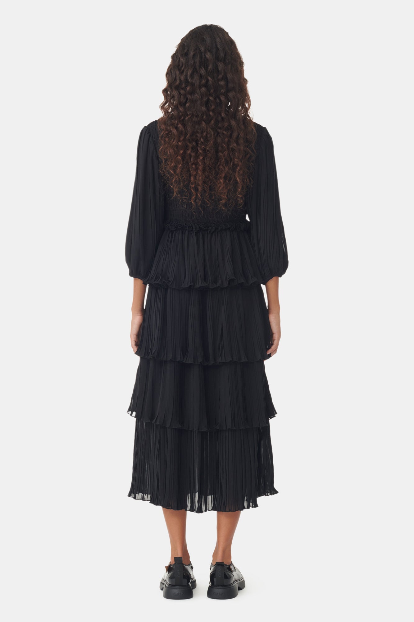 Pleated Georgette Square Neck Flounce Smock Midi Dress | Black