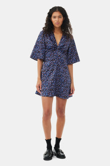 Floral Crinkled Satin V-Neck Mini Dress | Black