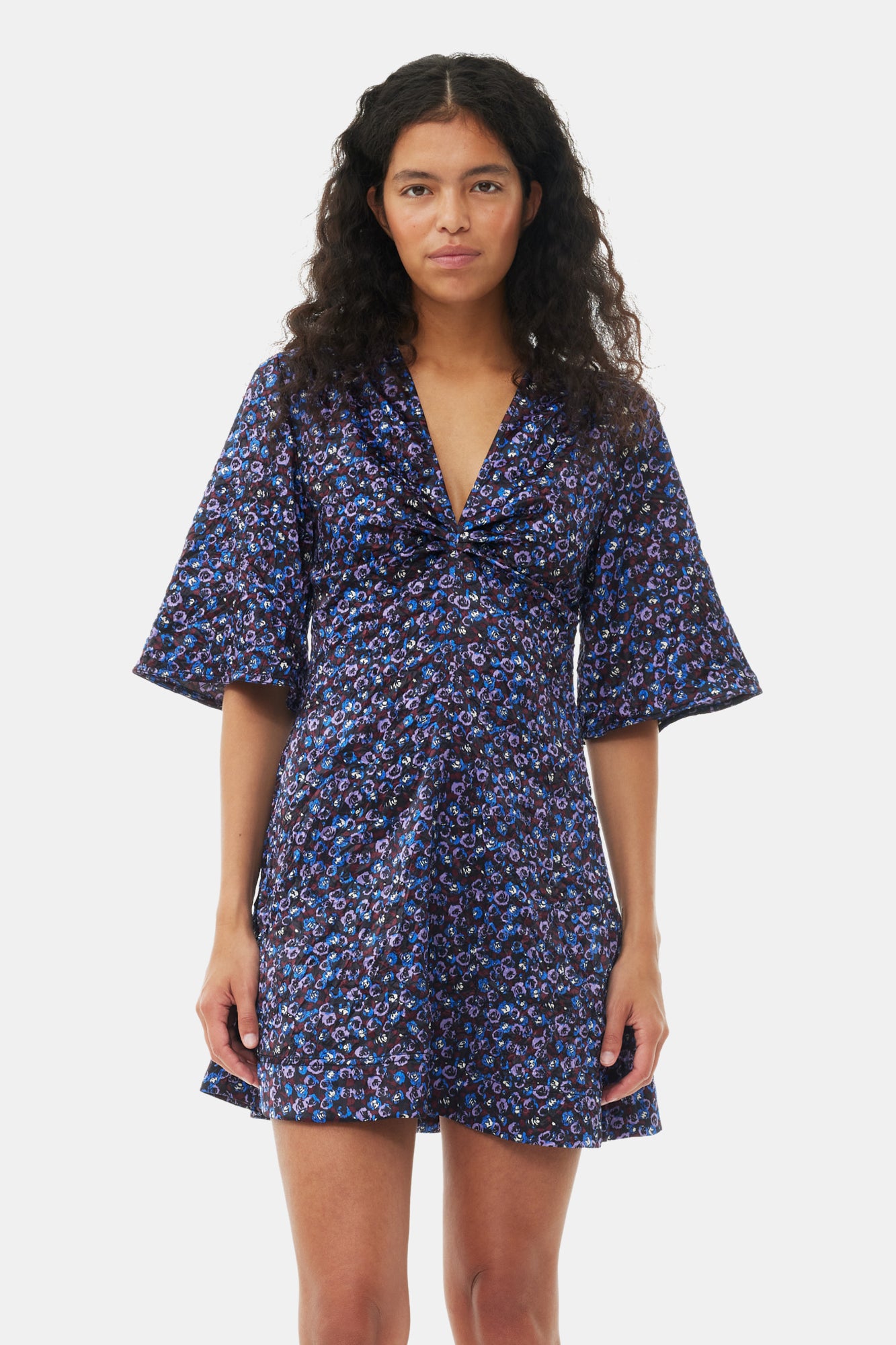 Floral Crinkled Satin V-Neck Mini Dress | Black