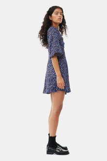 Floral Crinkled Satin V-Neck Mini Dress | Black