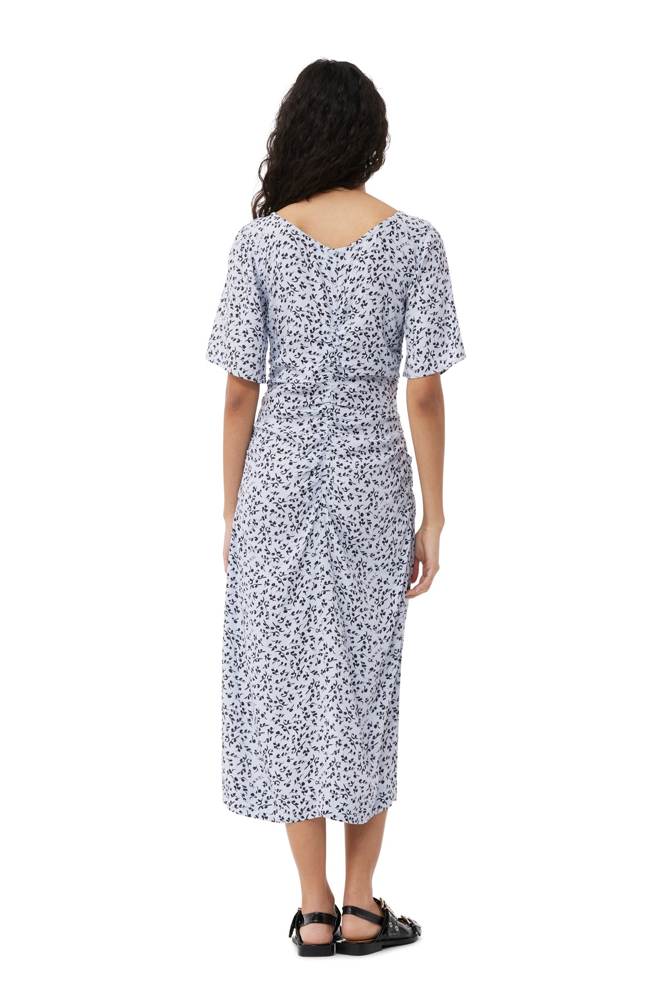 Printed Crepe Gathered U-neck Midi Dress | Heather