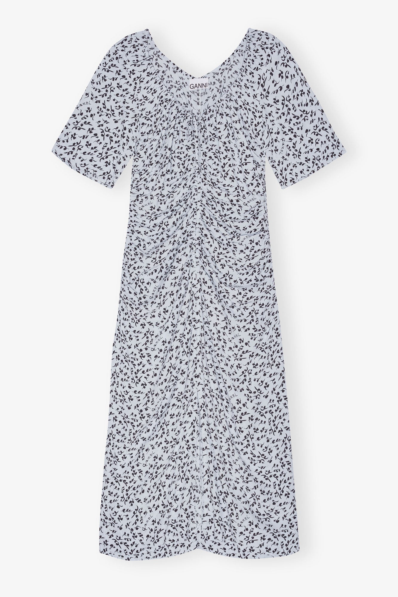 Printed Crepe Gathered U-neck Midi Dress | Heather