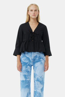 Cotton Poplin Round Neck Tie String Peplum Blouse | Black