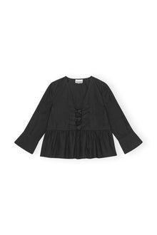 Cotton Poplin Round Neck Tie String Peplum Blouse | Black
